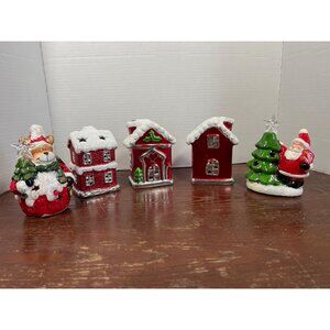 Vintage Ceramic Christmas Village Set With Santa & Bear D4